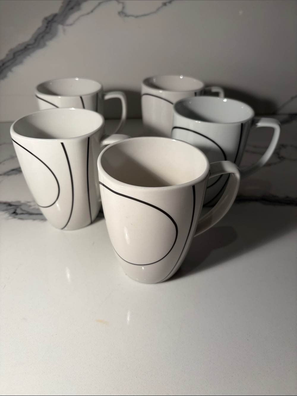Corelle White Ceramic Mug Set with Black Curved Line Design - 5pc